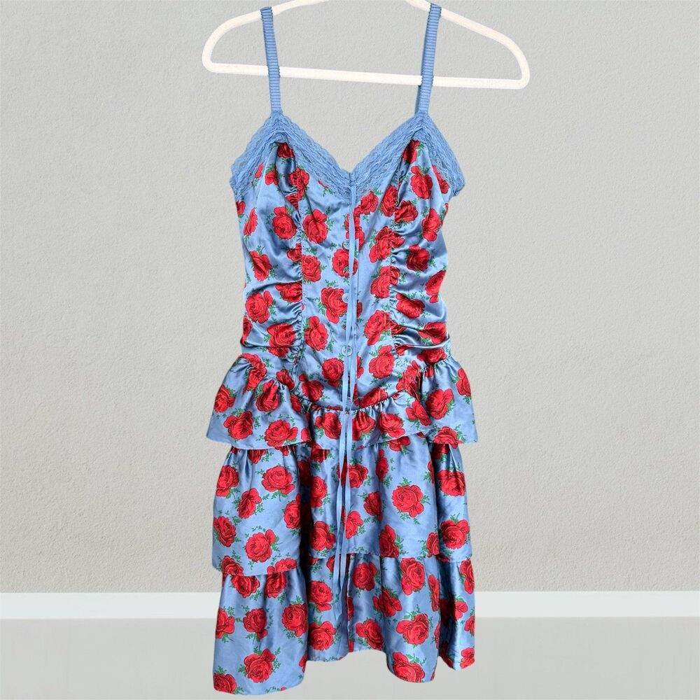 Vintage Rare Betsey Johnson Silk Rose Milkmaid Dress Sz 4 Blue Lace Y2K Coquette